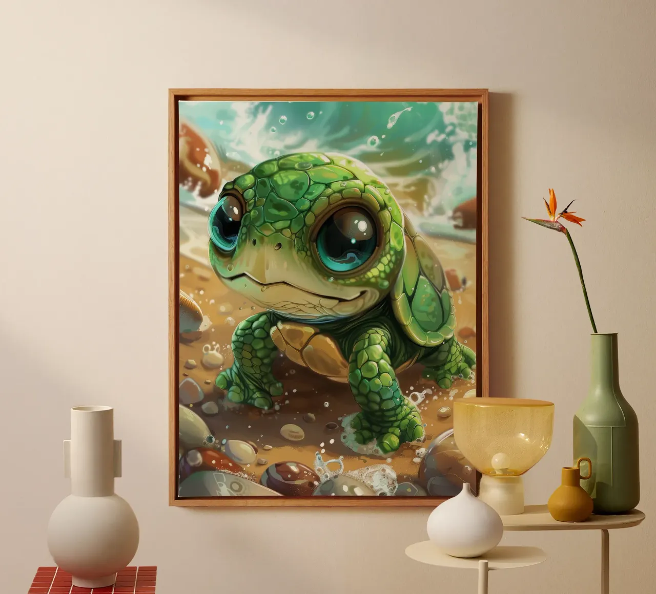 Green turtle emerging from water on a sandy beach canvas by DesignDoodle