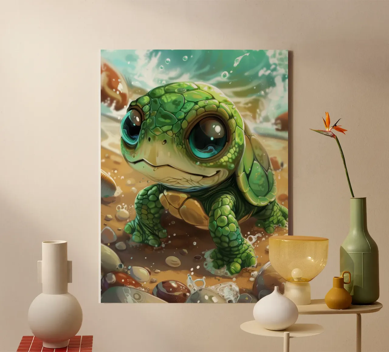 Green turtle emerging from water on a sandy beach canvas by DesignDoodle