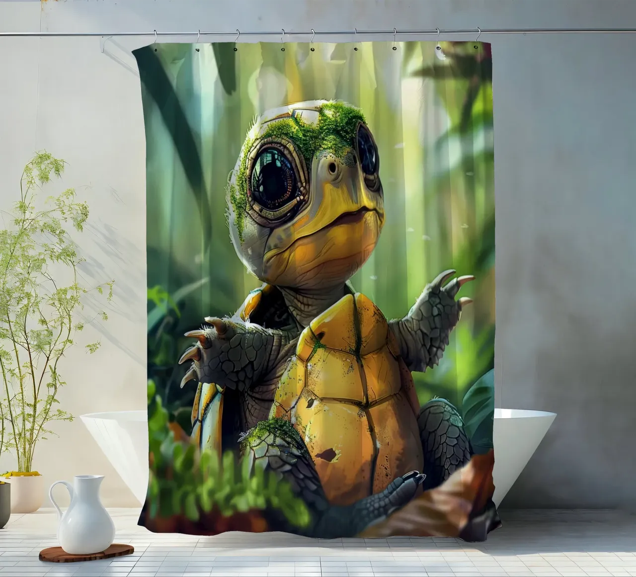 Un tenero cucciolo di tartaruga esplora l'habitat di una foresta verde e rigogliosa tenda da doccia da DesignDoodle