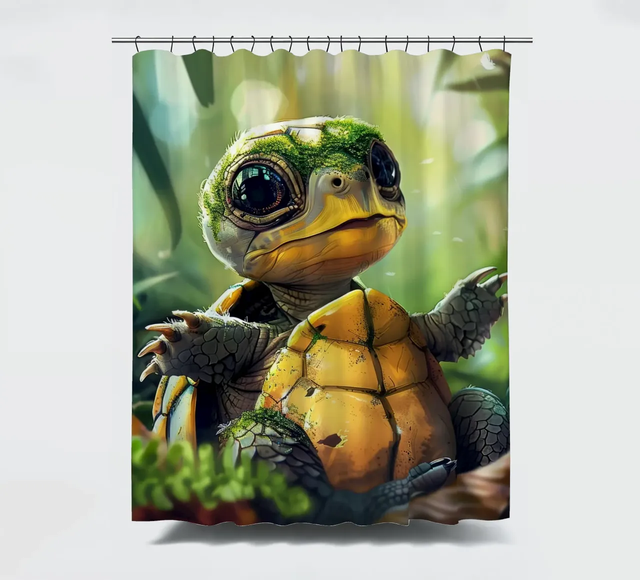 Un tenero cucciolo di tartaruga esplora l'habitat di una foresta verde e rigogliosa tenda da doccia da DesignDoodle