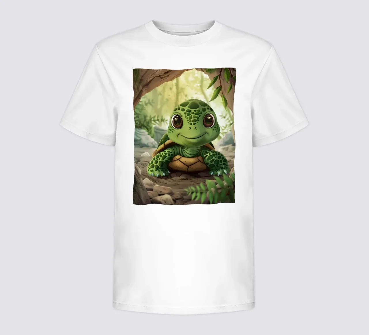 Turtle emerges from rocky burrow in a lush forest kids t-shirt by DesignDoodle