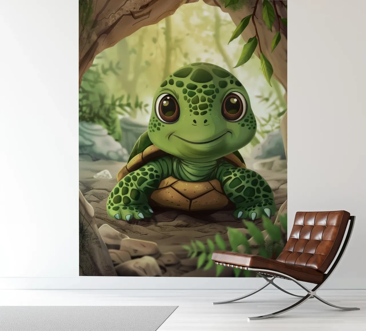 Tortue émergeant d'un terrier rocheux dans une forêt luxuriante papier peint photo de DesignDoodle