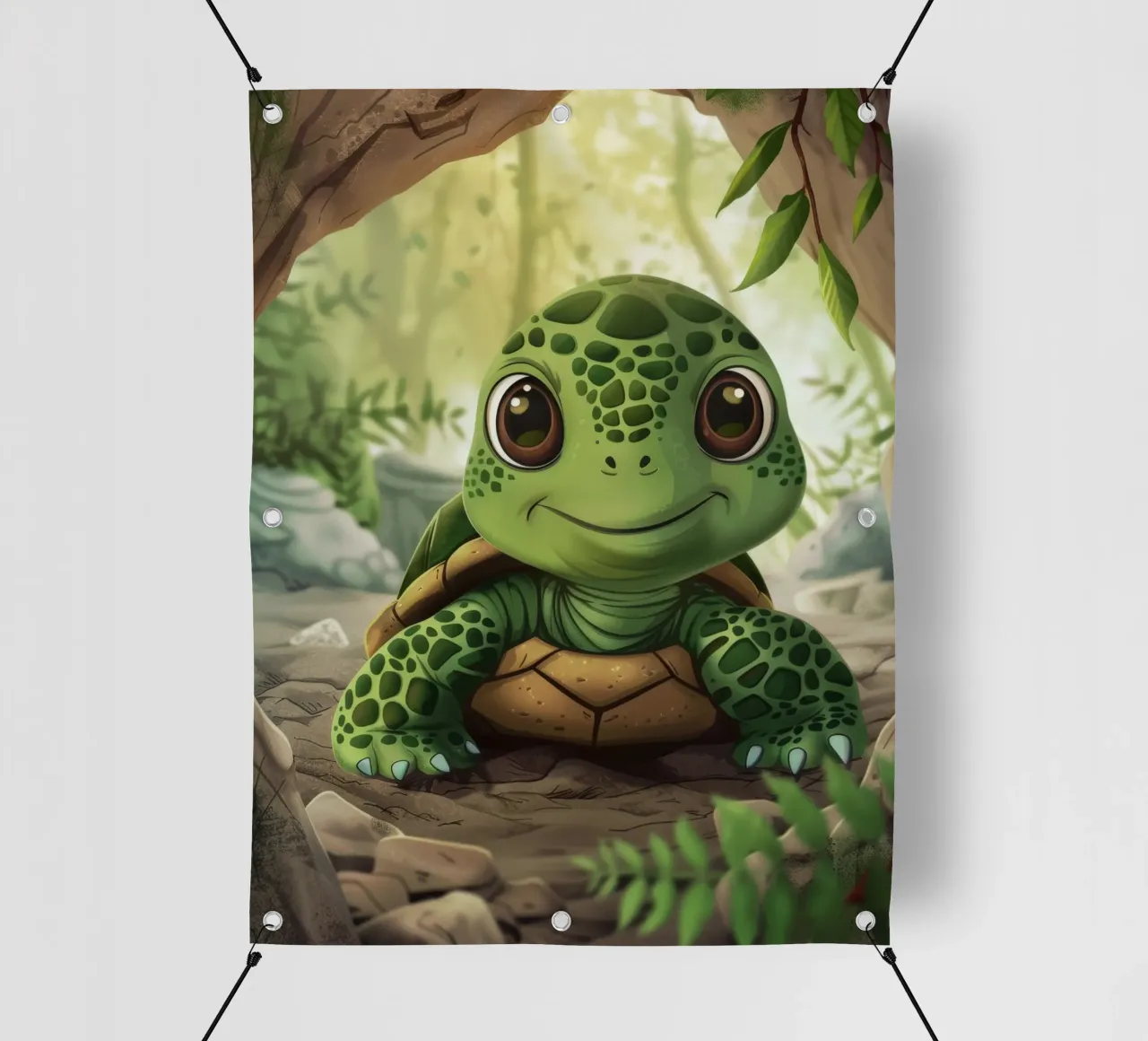 Tortue émergeant d'un terrier rocheux dans une forêt luxuriante bâche pvc de DesignDoodle
