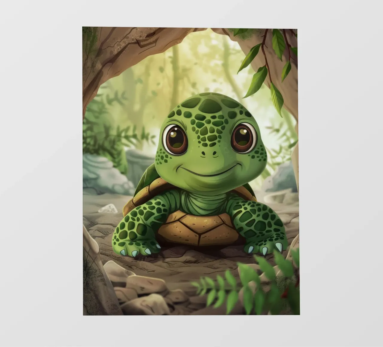 Tortue émergeant d'un terrier rocheux dans une forêt luxuriante bâche pvc de DesignDoodle