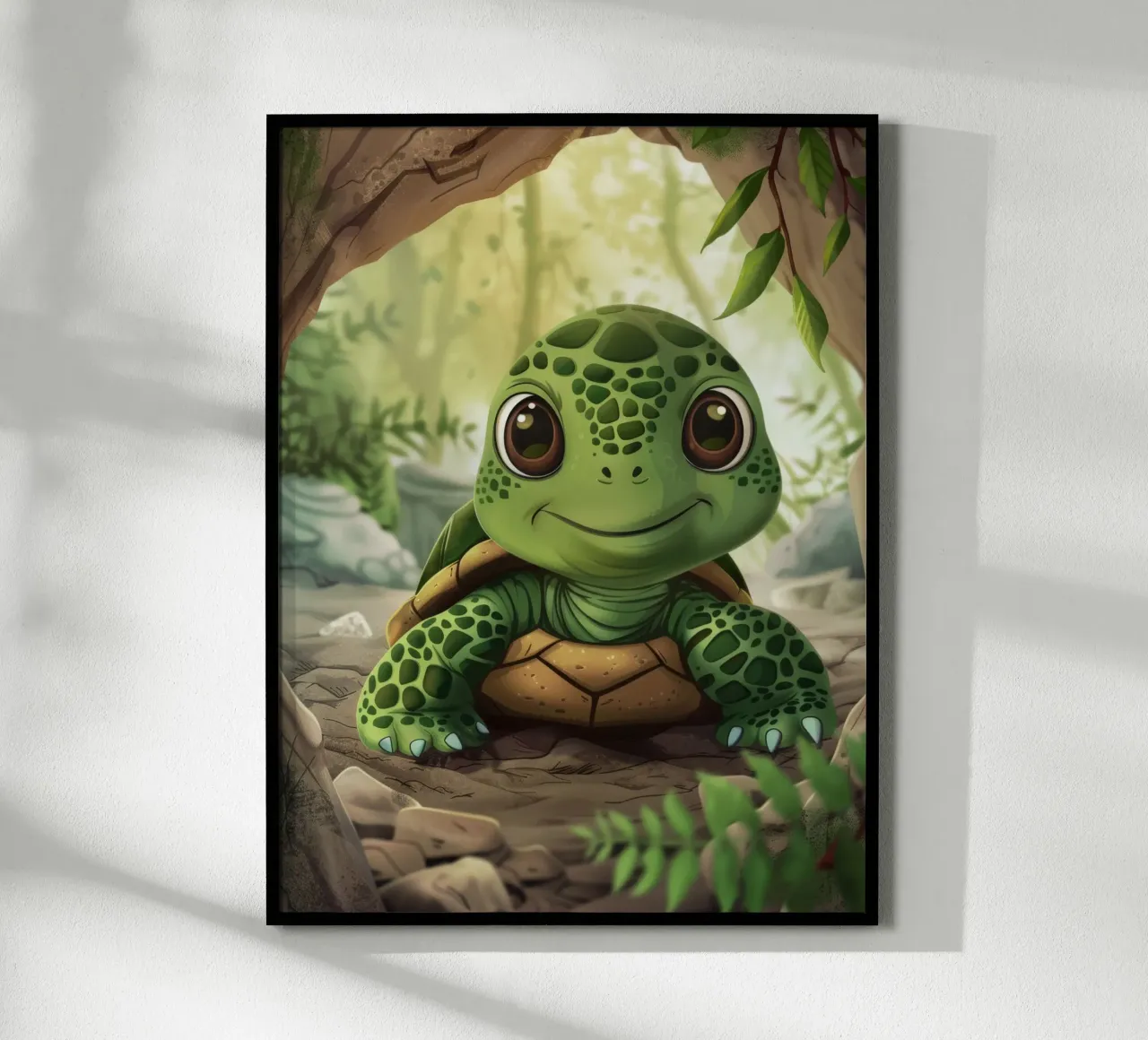 Tortue émergeant d'un terrier rocheux dans une forêt luxuriante poster avec cadre en aluminium de DesignDoodle