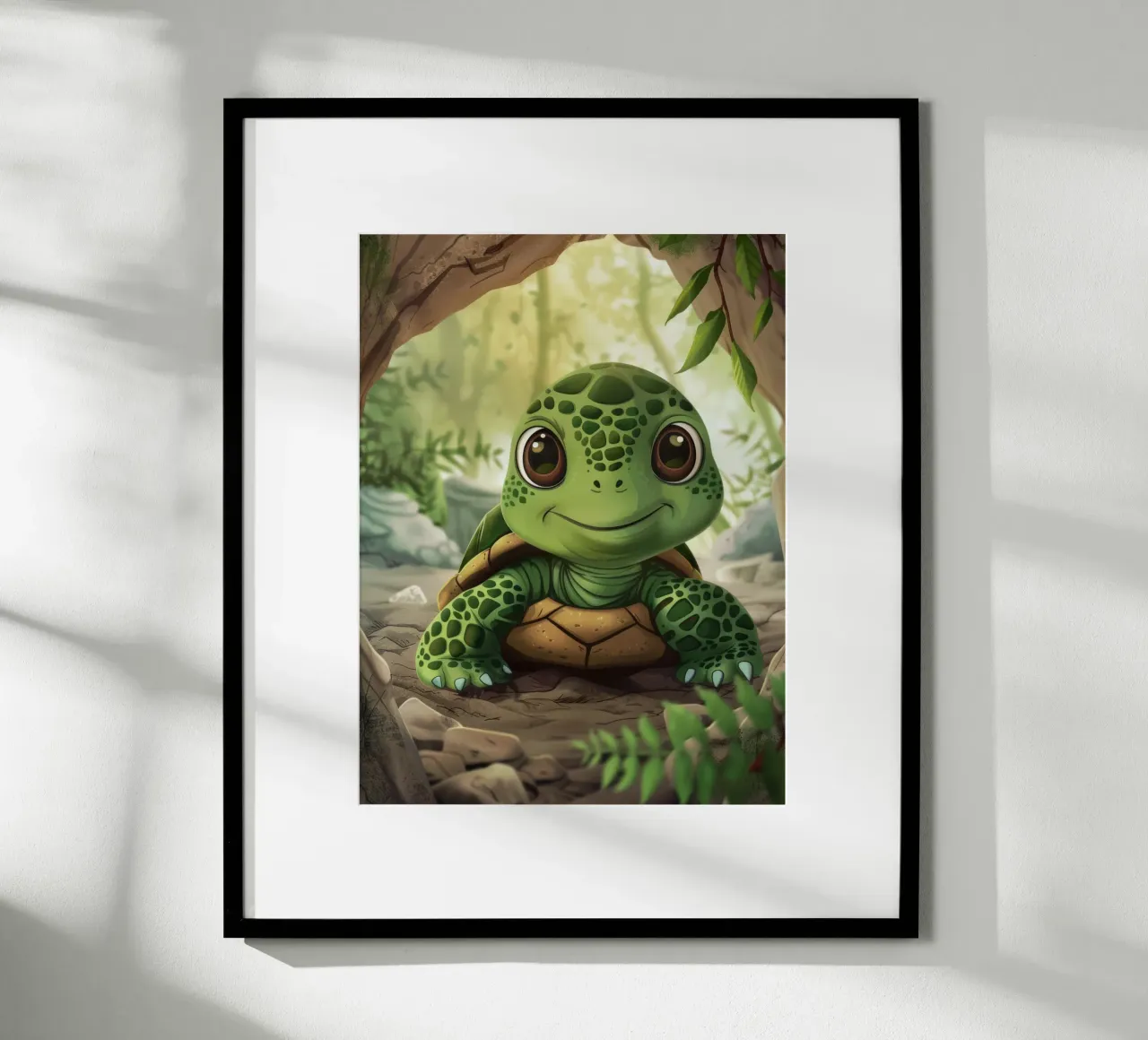 Tortue émergeant d'un terrier rocheux dans une forêt luxuriante poster avec cadre en aluminium de DesignDoodle