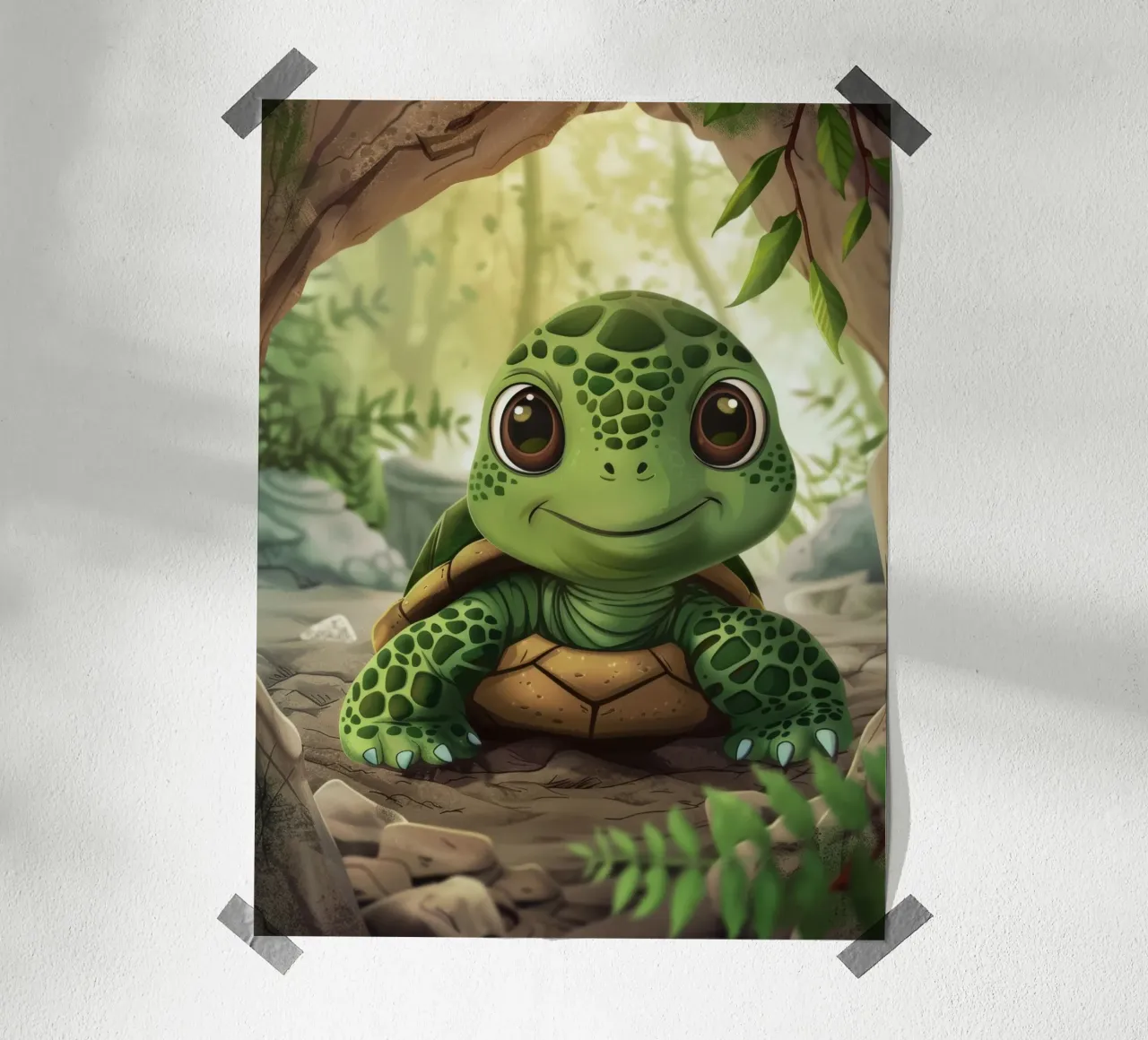 Tortue émergeant d'un terrier rocheux dans une forêt luxuriante poster avec cadre en aluminium de DesignDoodle