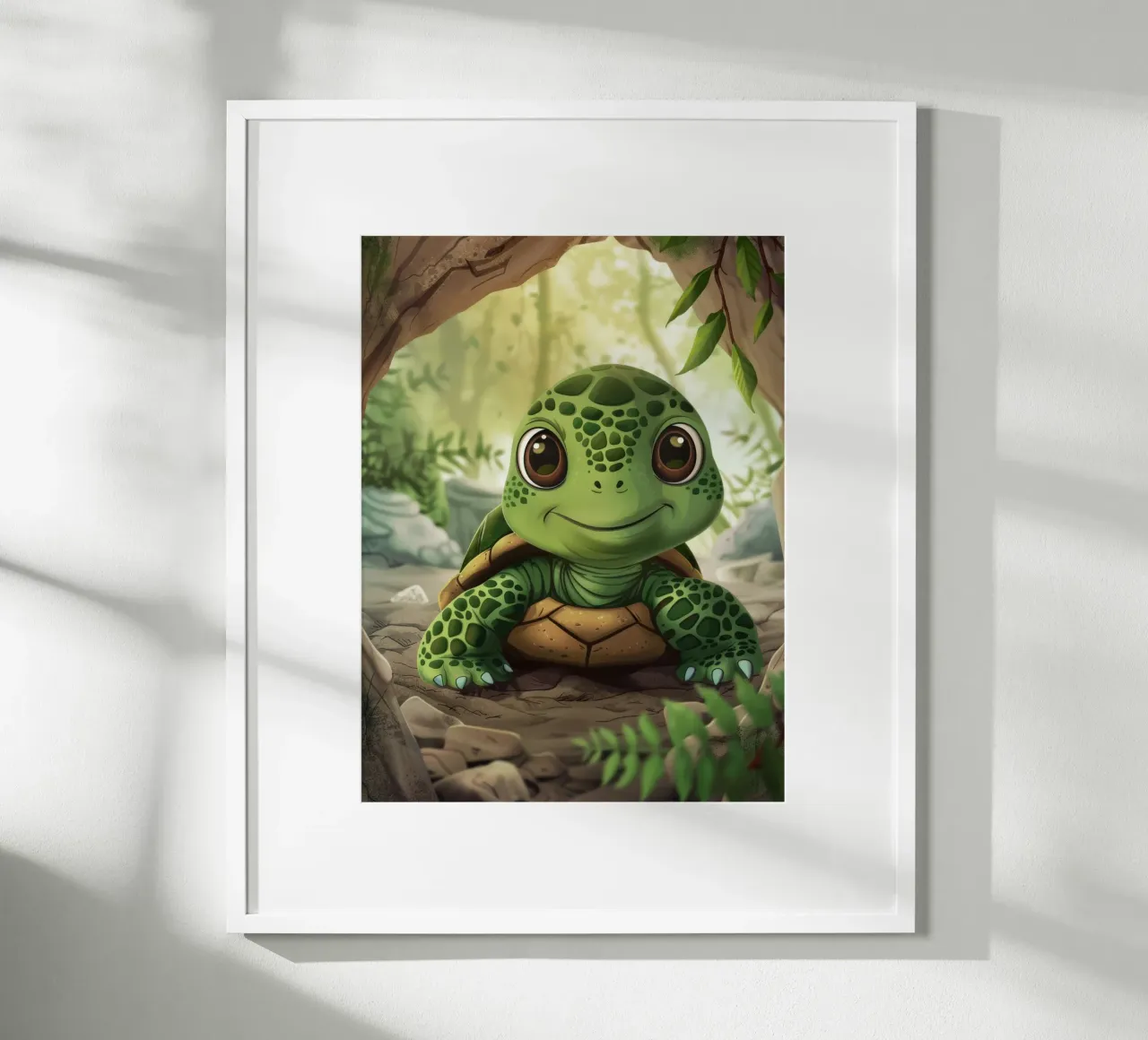 Tortue émergeant d'un terrier rocheux dans une forêt luxuriante poster avec cadre en aluminium de DesignDoodle