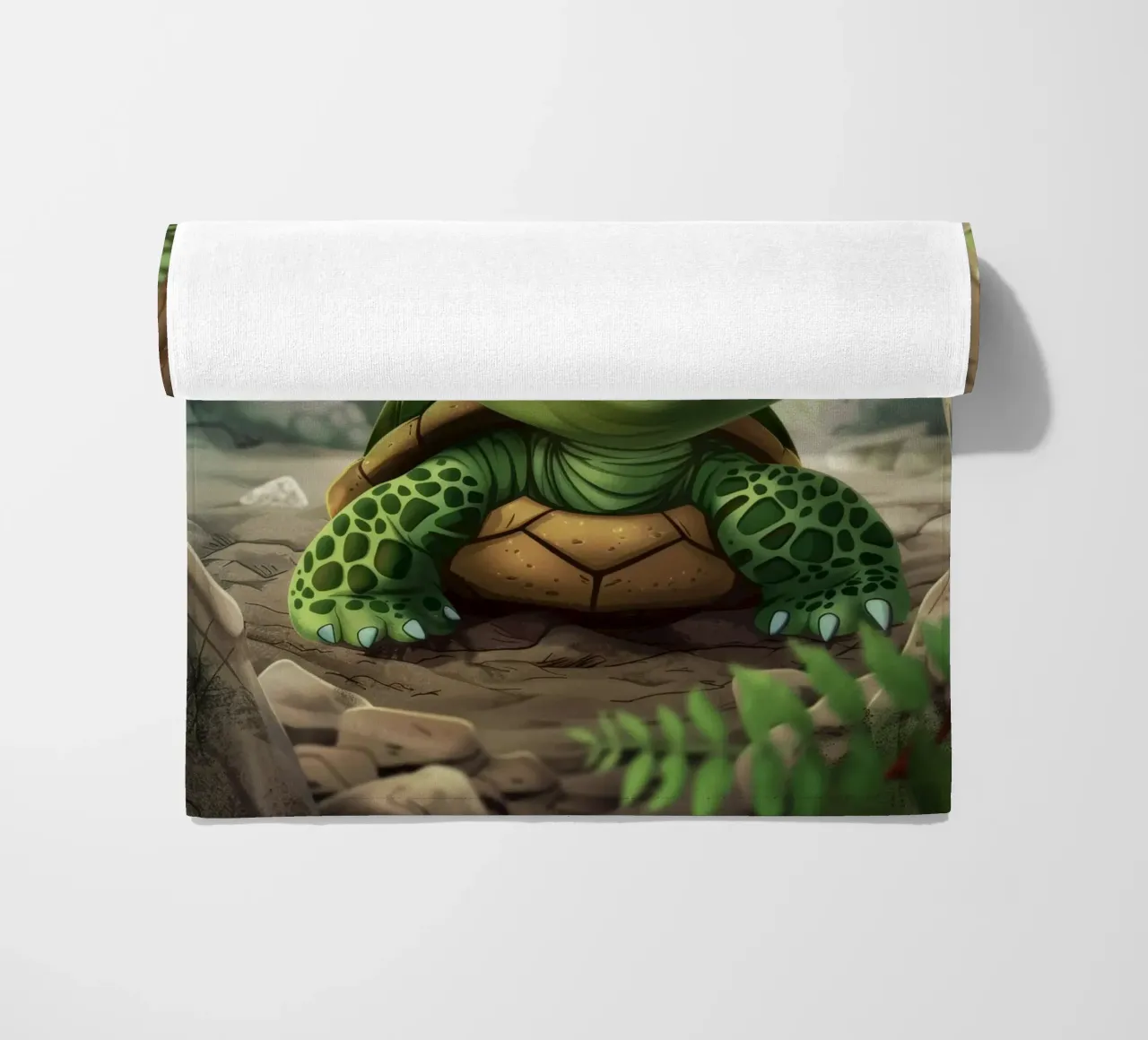 Tortue émergeant d'un terrier rocheux dans une forêt luxuriante serviette de plage de DesignDoodle