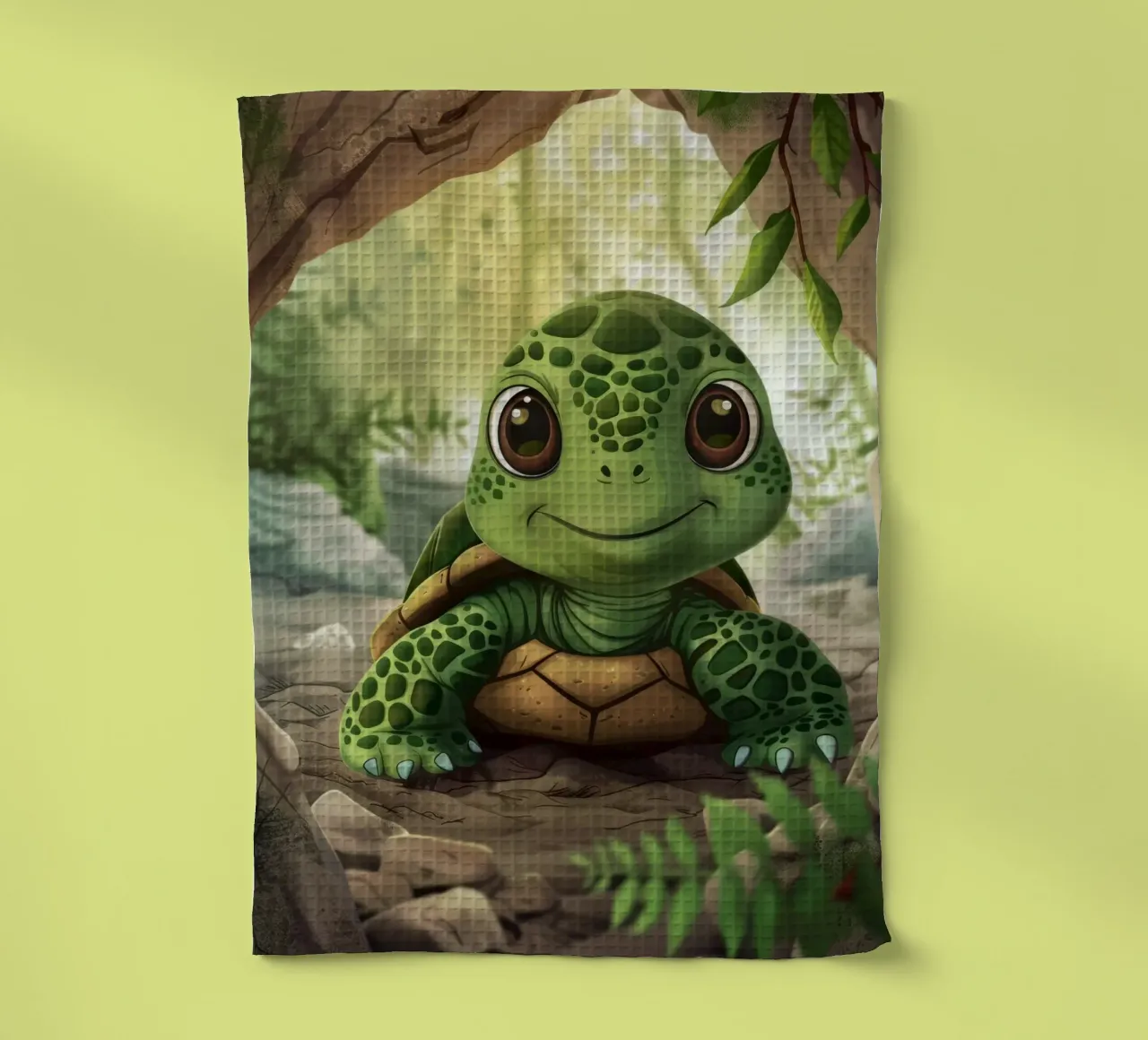 Tortue émergeant d'un terrier rocheux dans une forêt luxuriante torchon de DesignDoodle