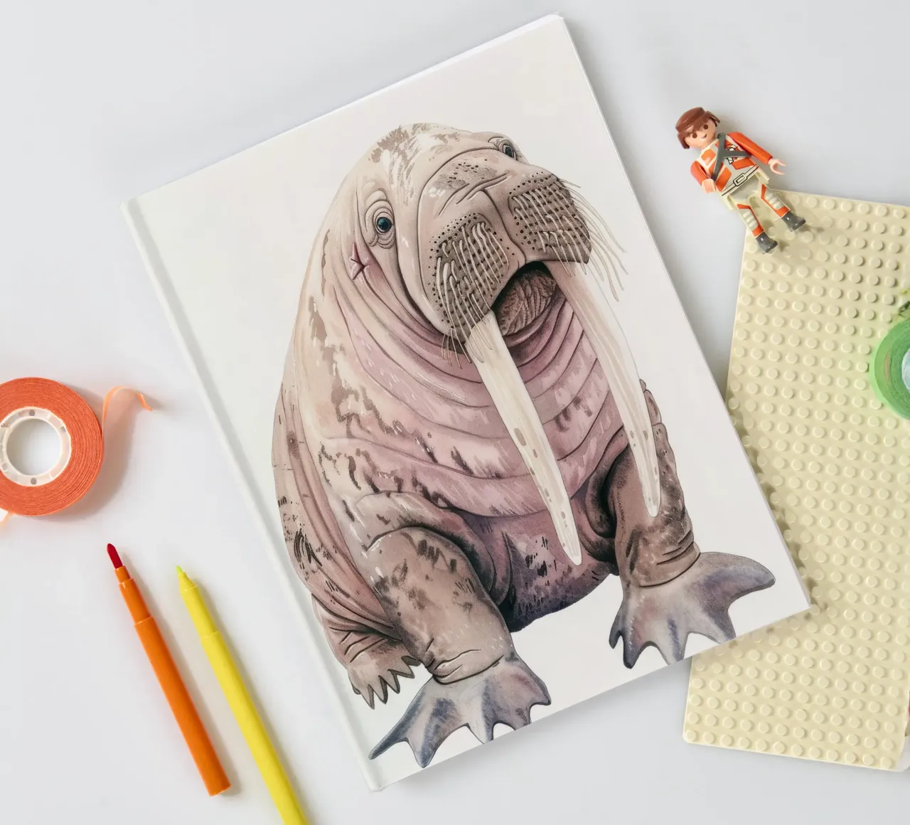 Il tricheco mostra le sue grandi zanne e le sue caratteristiche uniche. diario da DesignDoodle