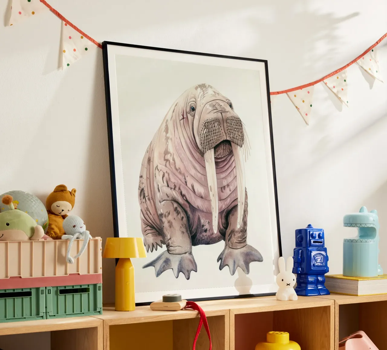 Il tricheco mostra le sue grandi zanne e le sue caratteristiche uniche. poster con telaio in plastica da DesignDoodle