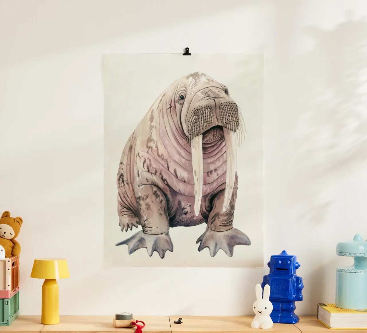 Il tricheco mostra le sue grandi zanne e le sue caratteristiche uniche. poster con telaio in plastica da DesignDoodle