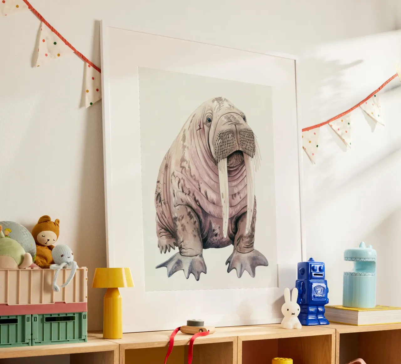 Il tricheco mostra le sue grandi zanne e le sue caratteristiche uniche. poster con telaio in plastica da DesignDoodle