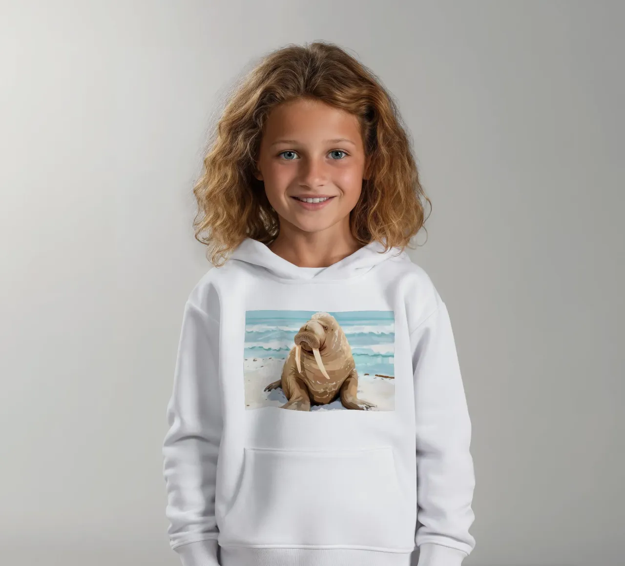 Morsa descansando en una playa de arena con olas del océano sudadera con capucha para niño de DesignDoodle