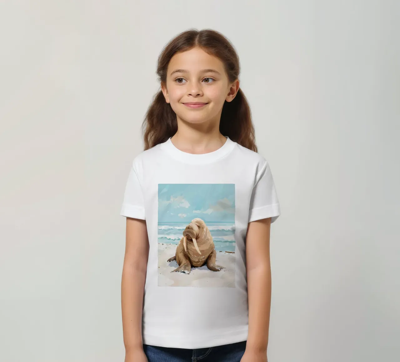 Tricheco che riposa su una spiaggia sabbiosa con le onde dell'oceano t-shirt bambini da DesignDoodle