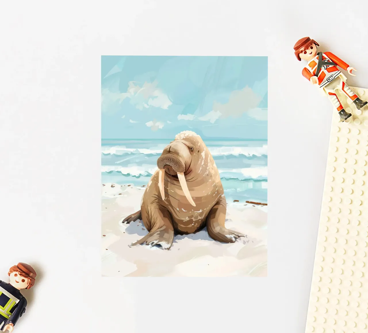 Morsa descansando en una playa de arena con olas del océano pegatina de DesignDoodle