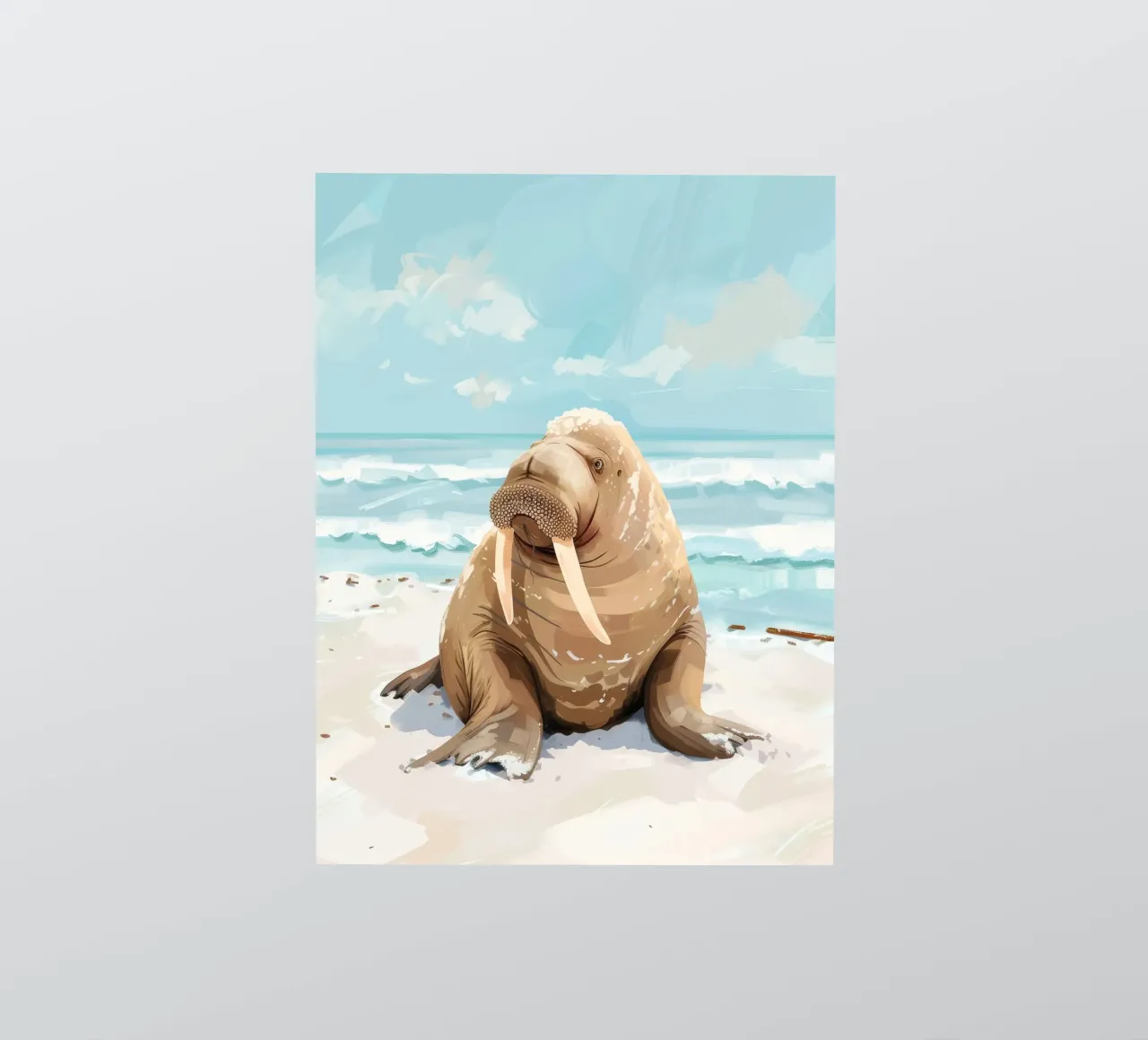 Morsa descansando en una playa de arena con olas del océano pegatina de DesignDoodle