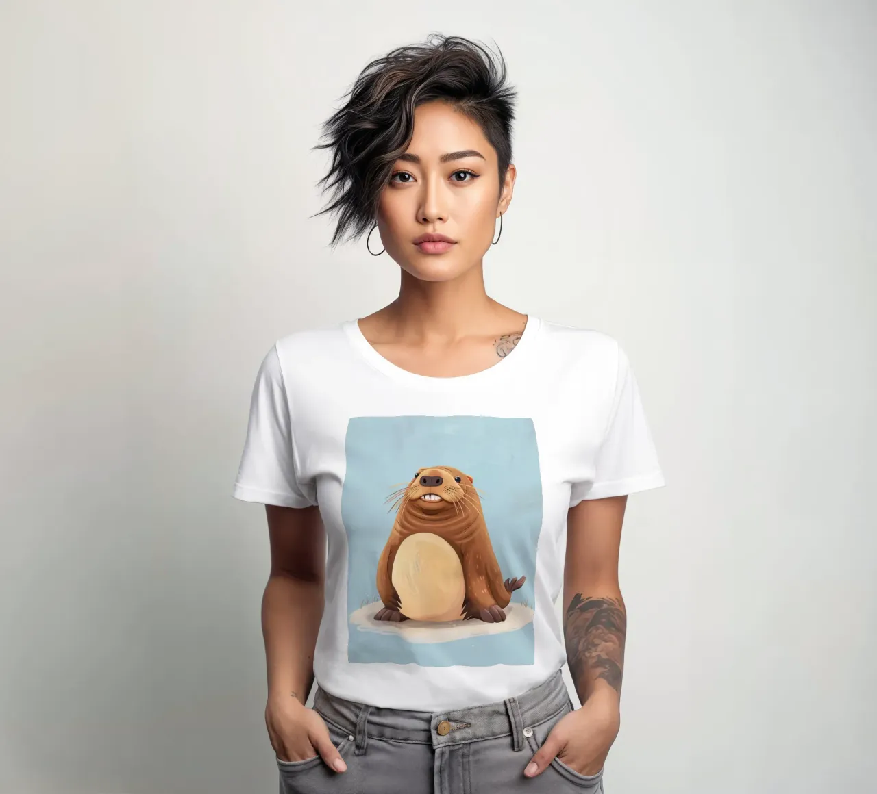 Cute otter mascot sitting on a sandy beach, smiling women's fitted t-shirt by DesignDoodle