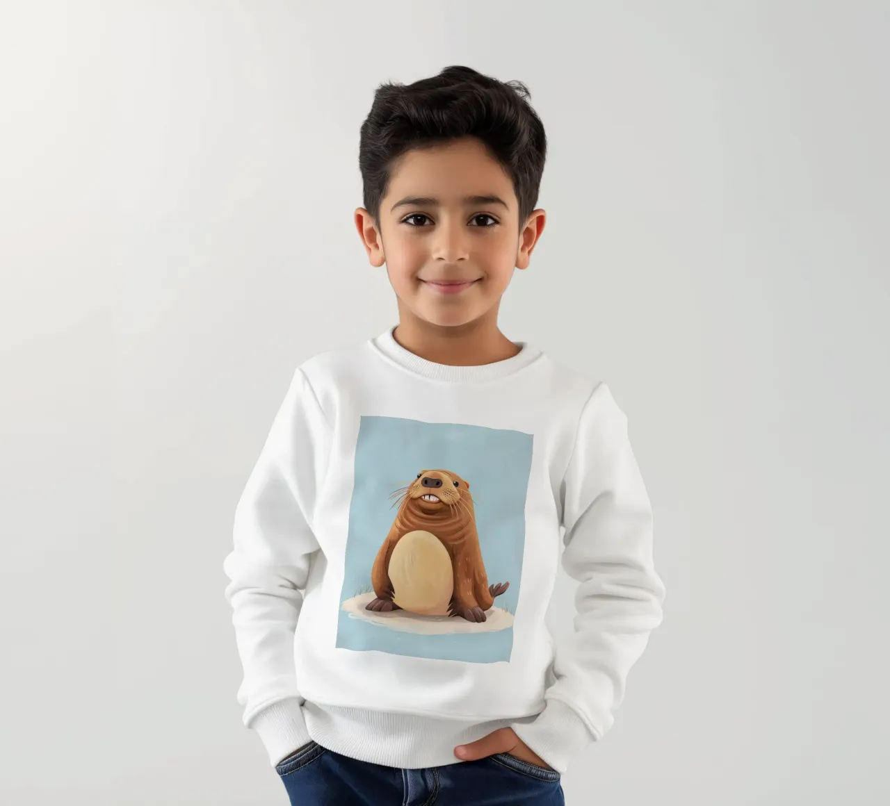 Simpatica mascotte di lontra seduta su una spiaggia sabbiosa, sorridente felpa bambino da DesignDoodle