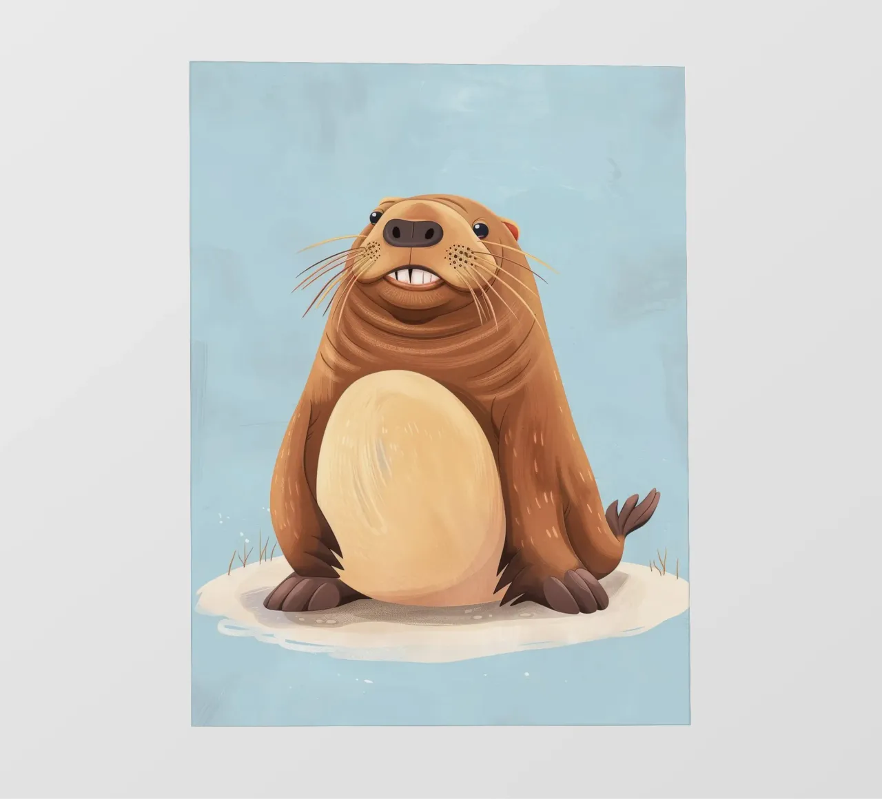 Simpatica mascotte di lontra seduta su una spiaggia sabbiosa, sorridente pellicola backlit da DesignDoodle