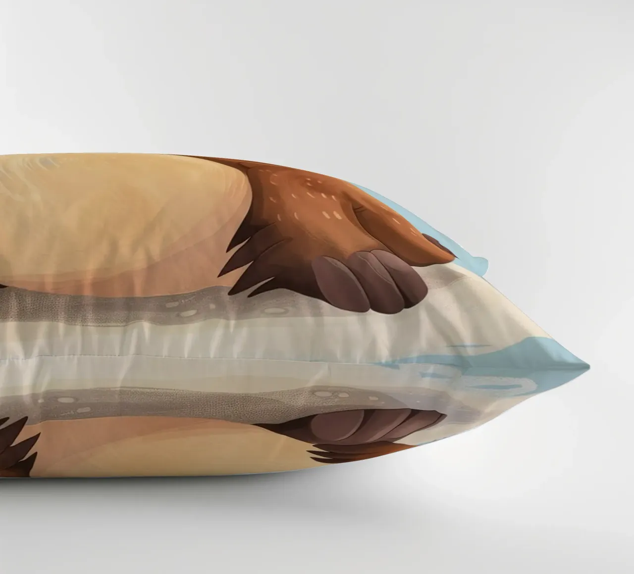 Simpatica mascotte di lontra seduta su una spiaggia sabbiosa, sorridente cuscino da DesignDoodle