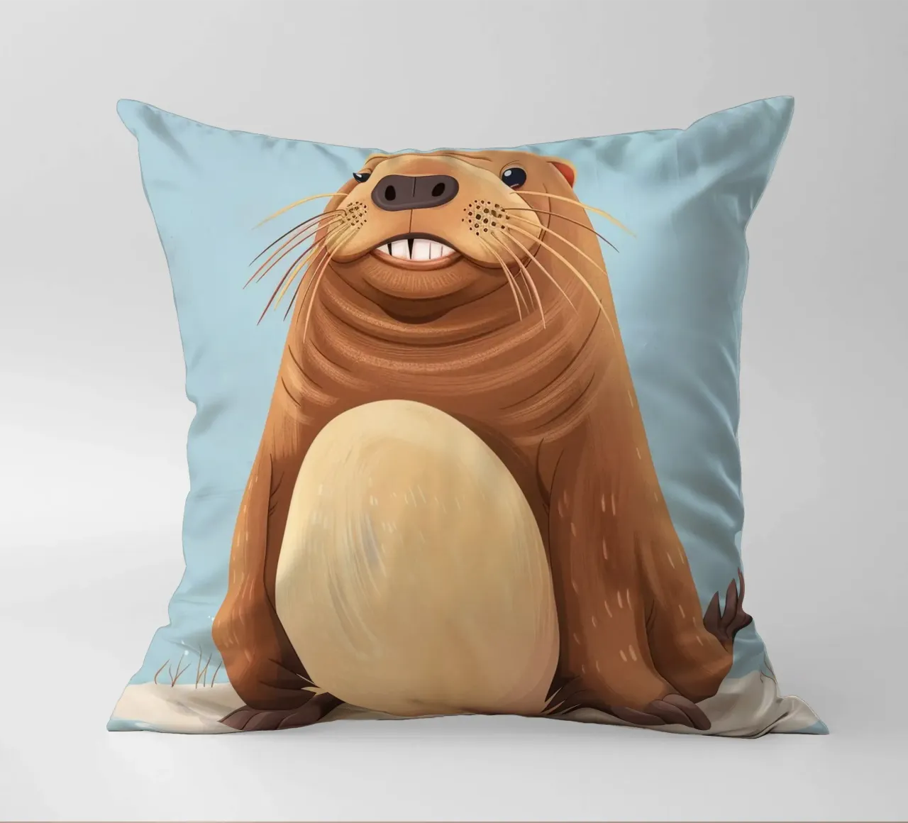 Simpatica mascotte di lontra seduta su una spiaggia sabbiosa, sorridente cuscino da DesignDoodle
