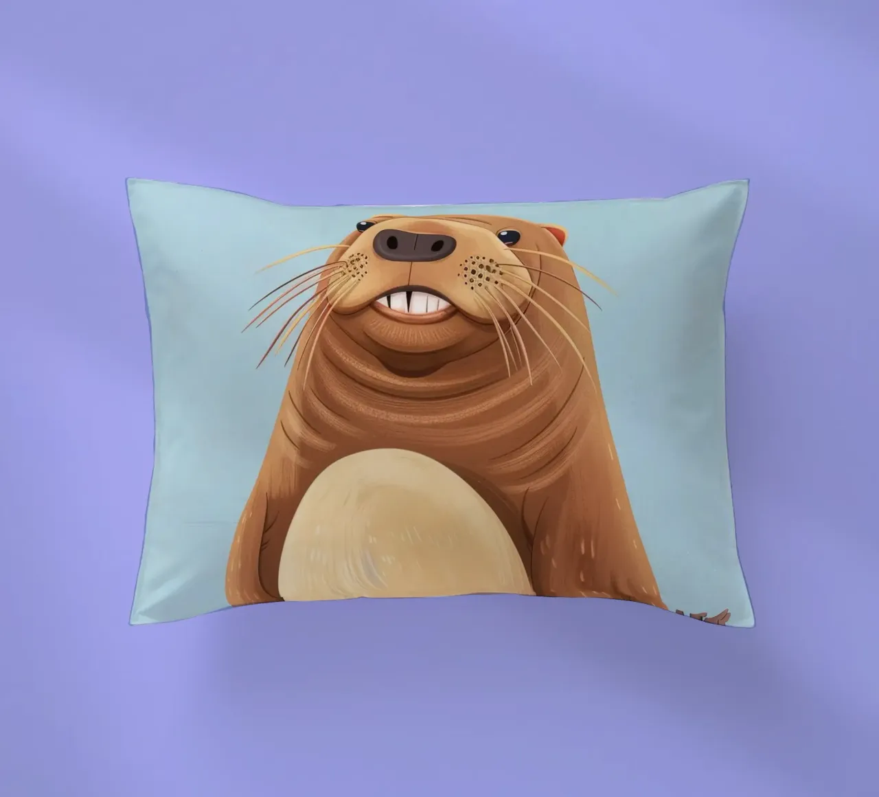 Simpatica mascotte di lontra seduta su una spiaggia sabbiosa, sorridente cuscino da DesignDoodle