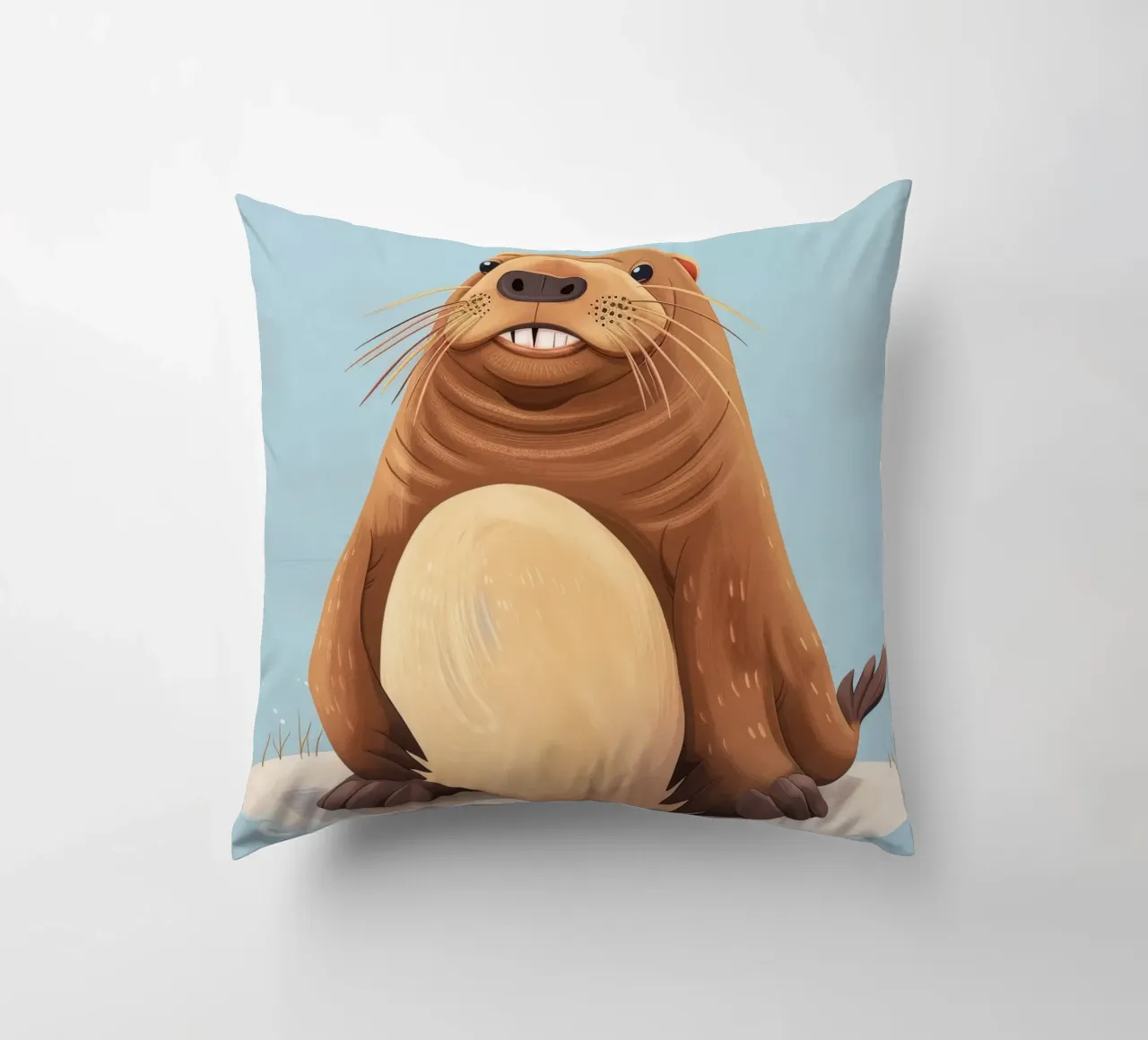 Simpatica mascotte di lontra seduta su una spiaggia sabbiosa, sorridente cuscino da DesignDoodle