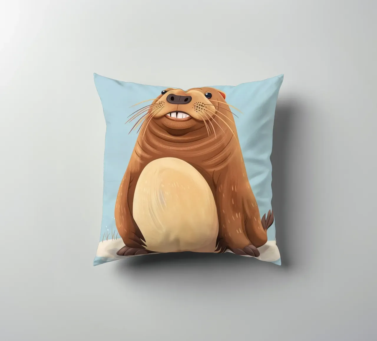 Simpatica mascotte di lontra seduta su una spiaggia sabbiosa, sorridente cuscino da DesignDoodle