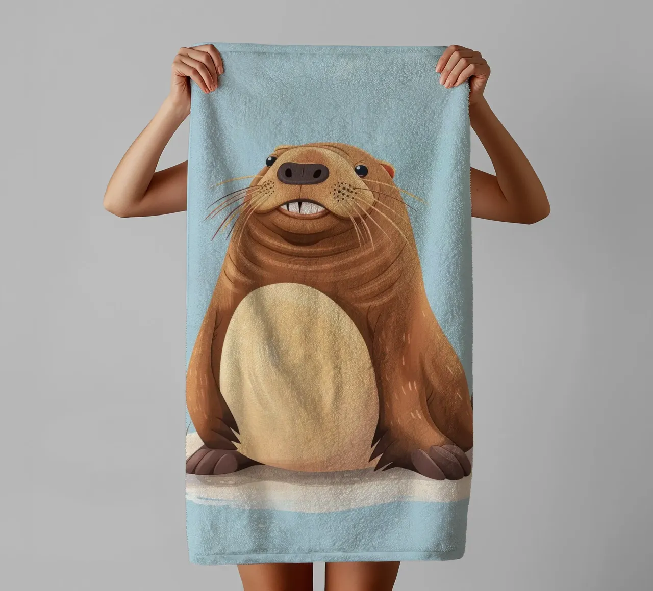 Simpatica mascotte di lontra seduta su una spiaggia sabbiosa, sorridente asciugamano da bagno da DesignDoodle