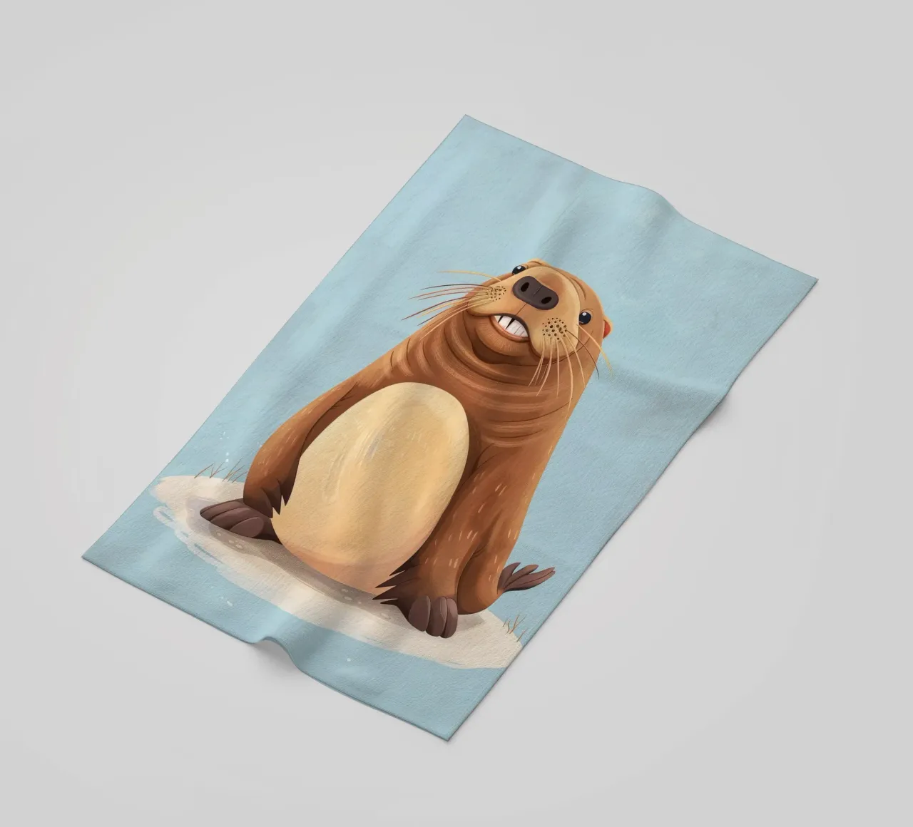 Simpatica mascotte di lontra seduta su una spiaggia sabbiosa, sorridente telo mare da DesignDoodle