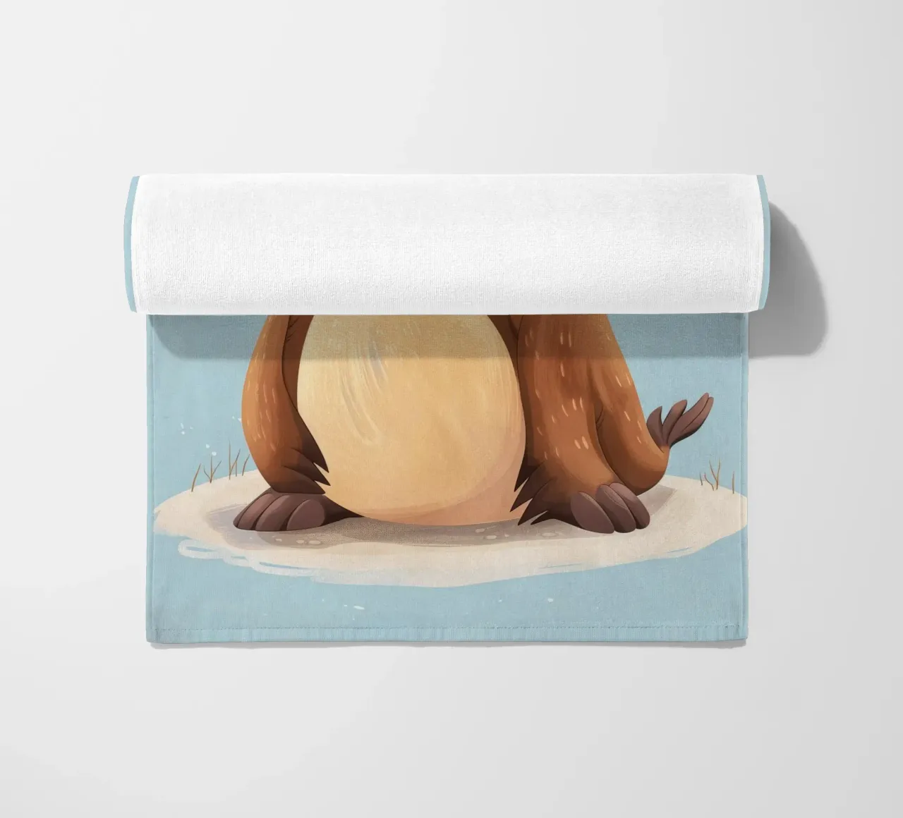 Simpatica mascotte di lontra seduta su una spiaggia sabbiosa, sorridente telo mare da DesignDoodle