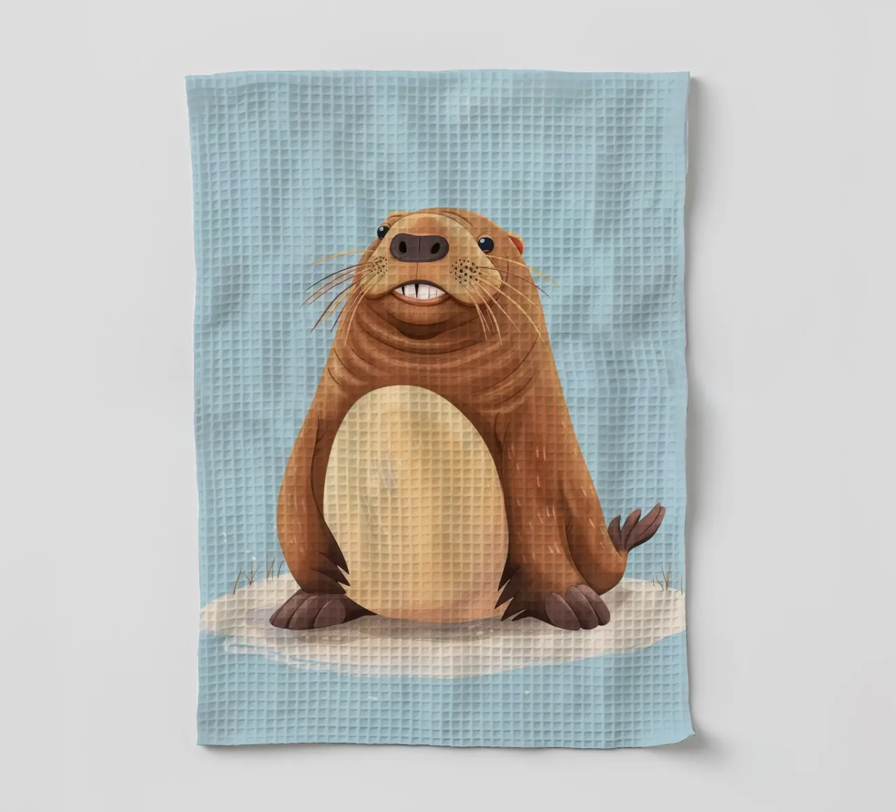 Simpatica mascotte di lontra seduta su una spiaggia sabbiosa, sorridente canovaccio da cucina da DesignDoodle