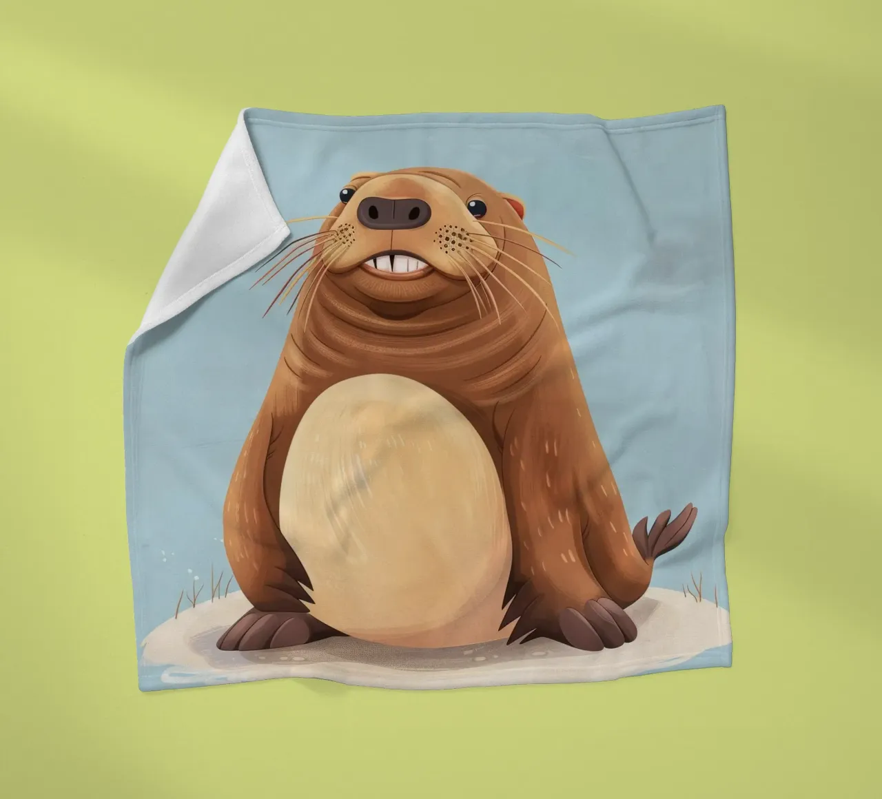 Simpatica mascotte di lontra seduta su una spiaggia sabbiosa, sorridente coperta in pile da DesignDoodle