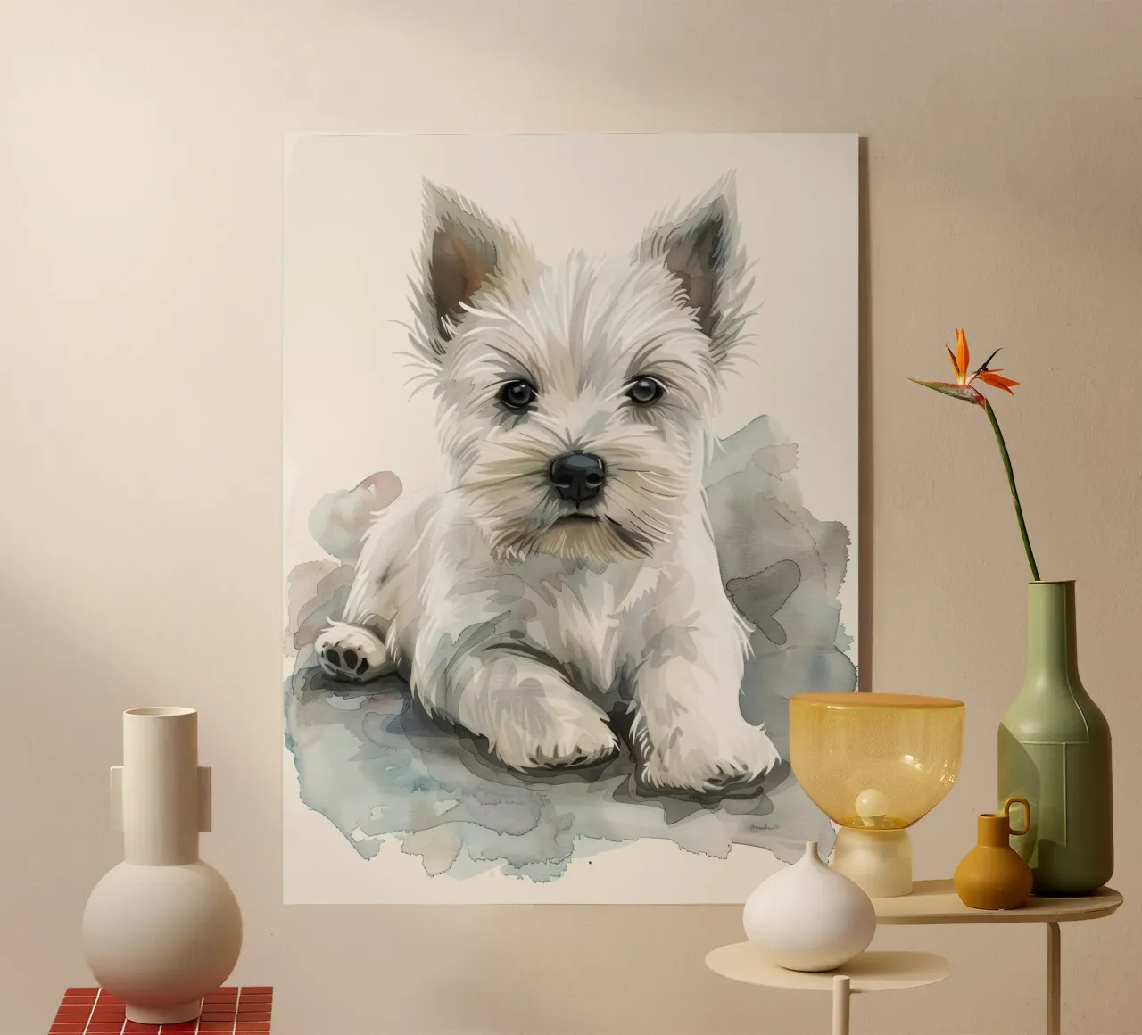 Mignon chiot blanc couché sur une surface douce et détendue plexiglas de DesignDoodle