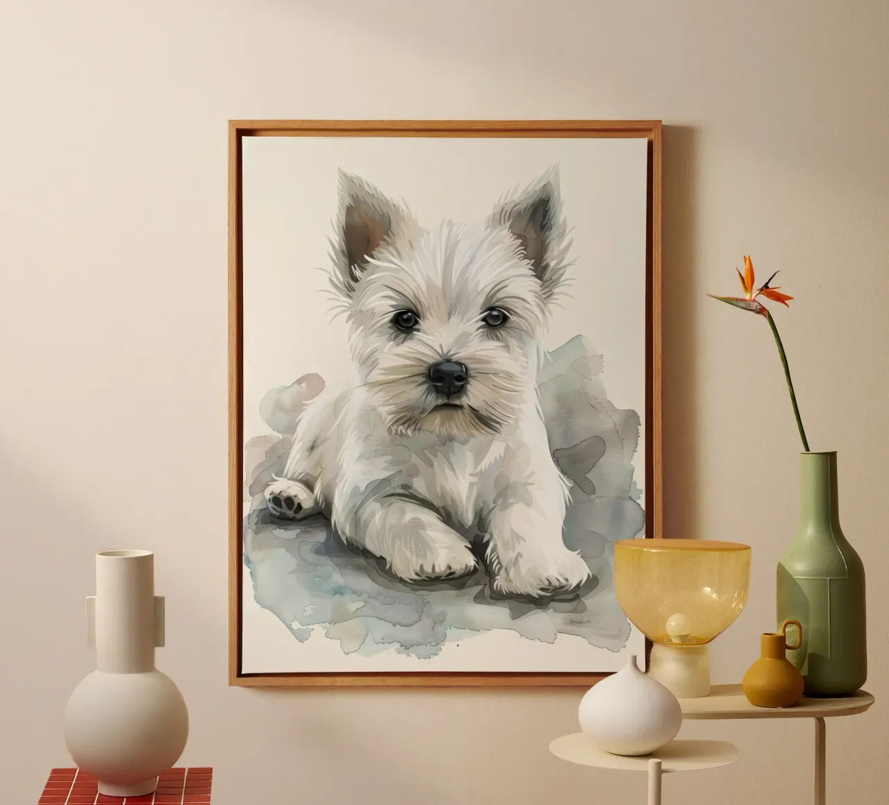 Cute white puppy lying relaxed on a soft surface canvas by DesignDoodle