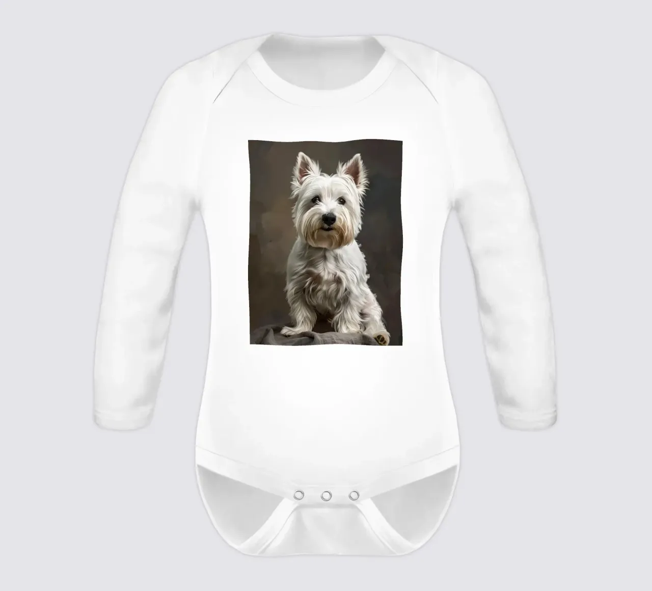 Cane bianco di piccola taglia con pelo lungo posa con sicurezza body neonato maniche lunghe da DesignDoodle