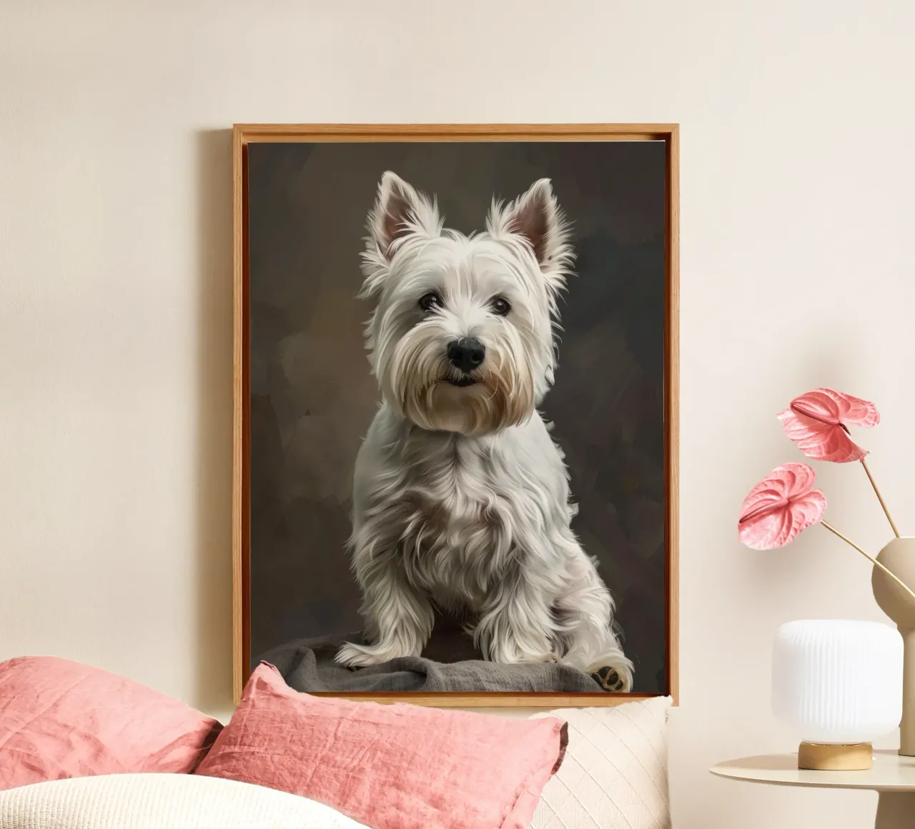Cane bianco di piccola taglia con pelo lungo posa con sicurezza tela da DesignDoodle