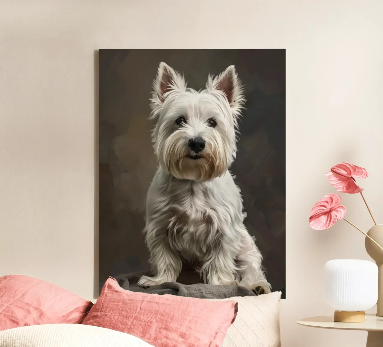 Cane bianco di piccola taglia con pelo lungo posa con sicurezza tela da DesignDoodle