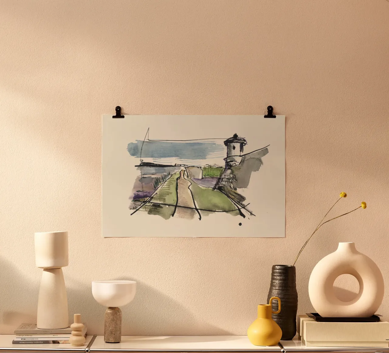 Isola di Saint-Vaast-la-Hougue Tatihou. schizzo ad acquerello poster con telaio in alluminio da ISABO Creations