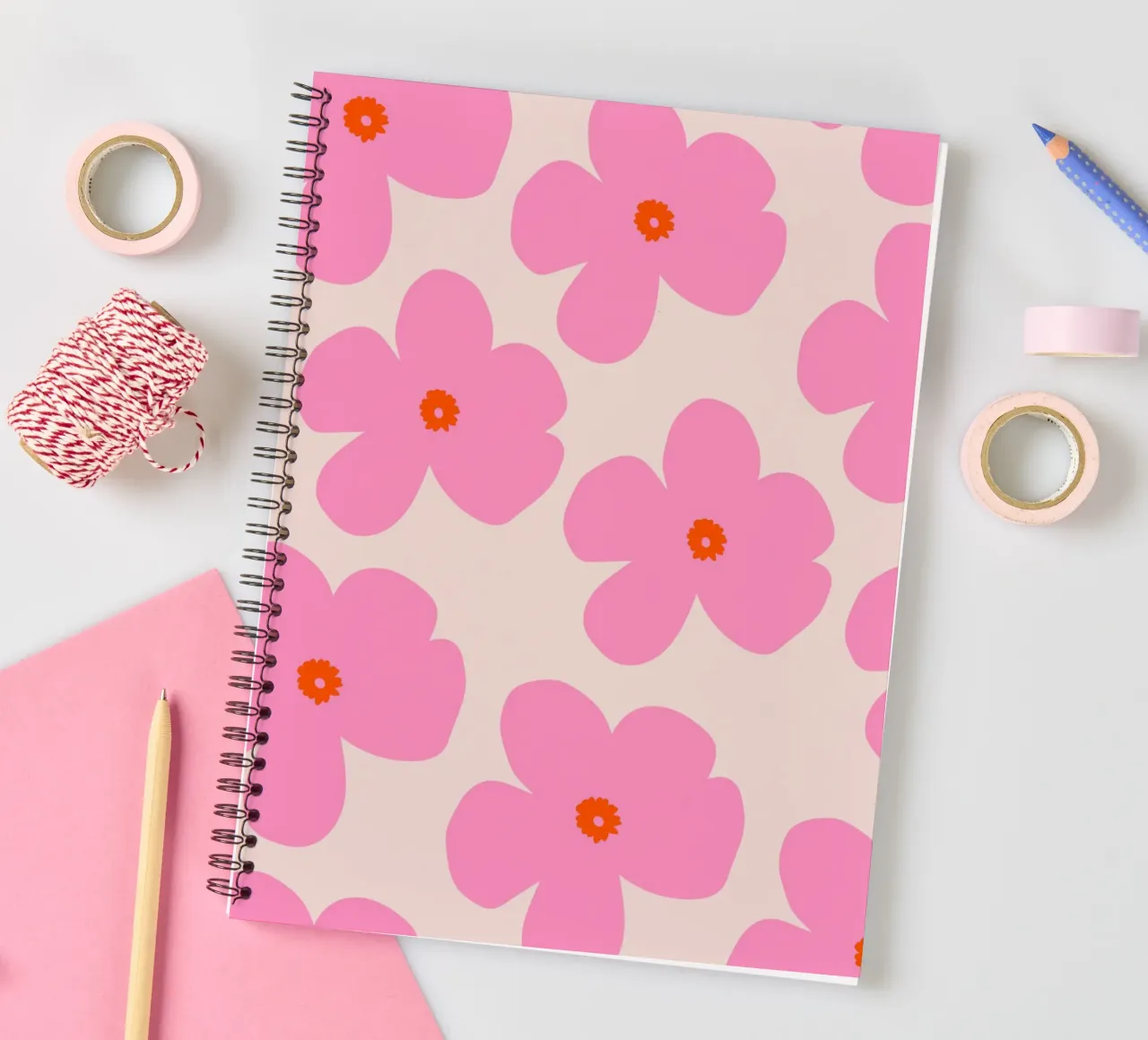 Pink Retro Flower Pattern Print spiral notebook by The Art Club