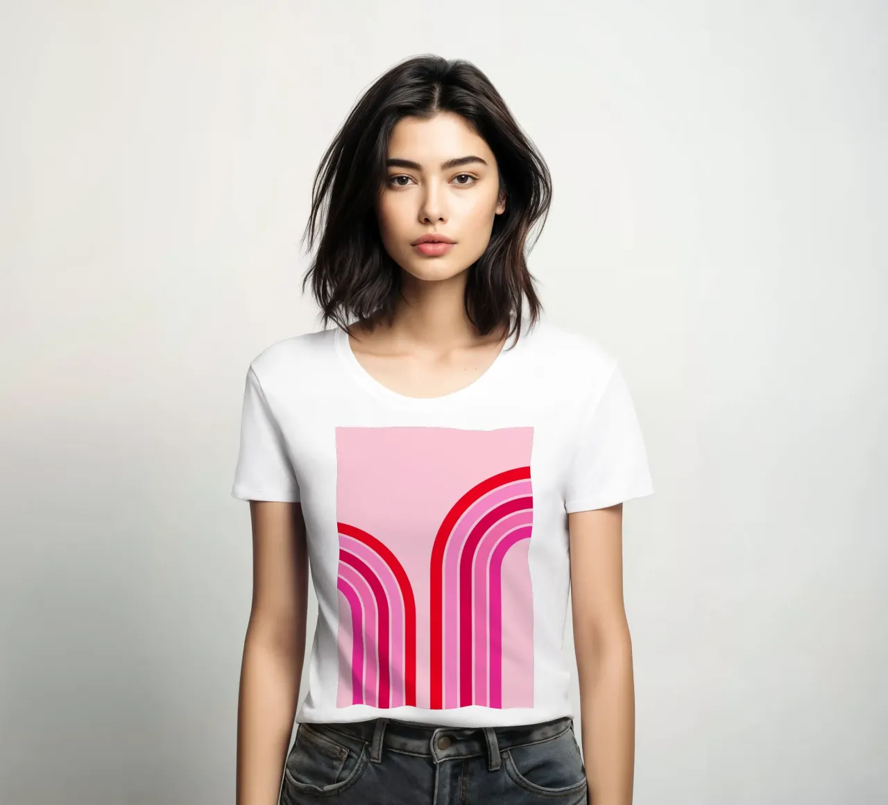 Retro Rainbow Curve Abstract in Pink and Red Tones women's fitted t-shirt by The Art Club