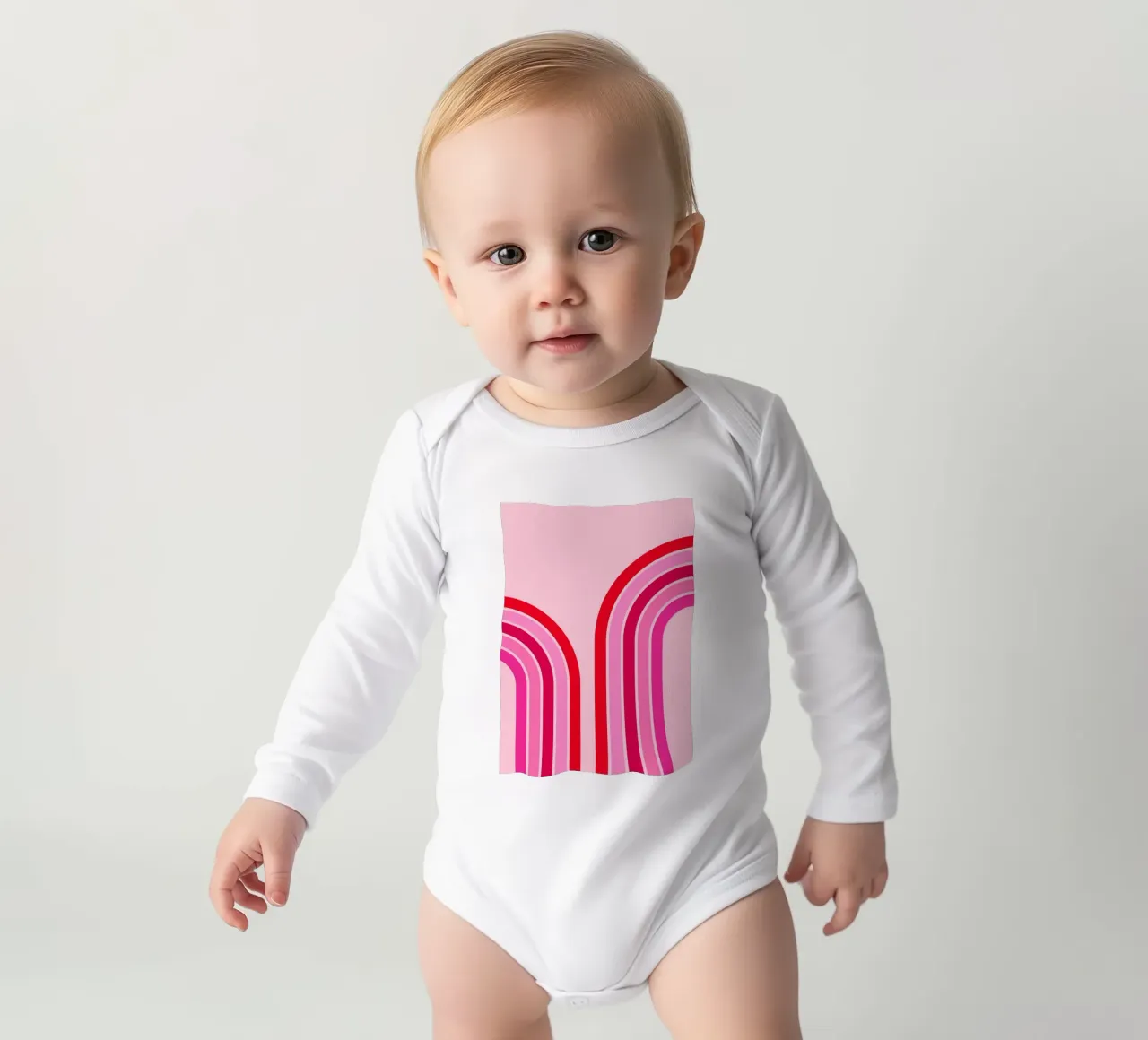 Retro Rainbow Curve Abstract in Pink and Red Tones long-sleeve baby romper by The Art Club