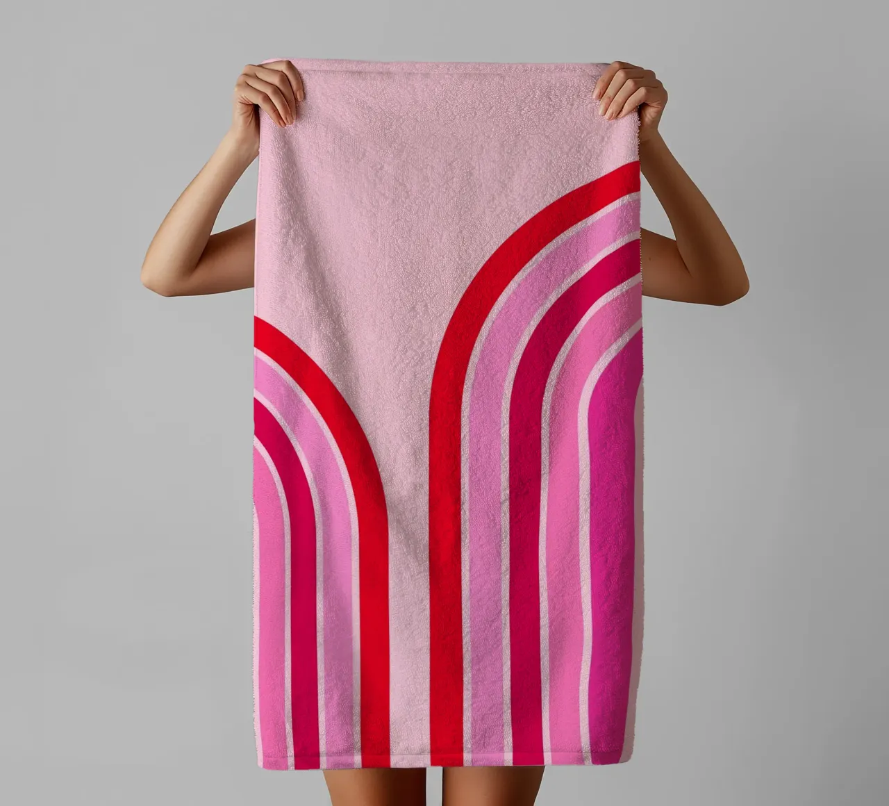 Retro Rainbow Curve Abstract in Pink and Red Tones towel by The Art Club