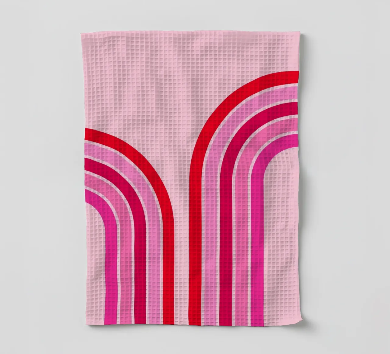 Retro Regenboog Curve Abstract in Roze en Rode Tinten theedoek van The Art Club