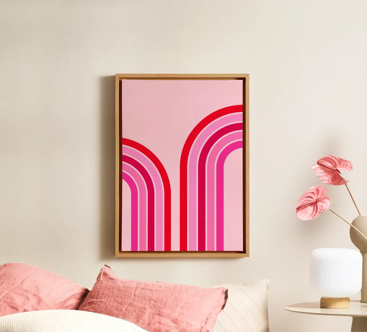 Retro Rainbow Curve Abstract in Pink and Red Tones canvas by The Art Club