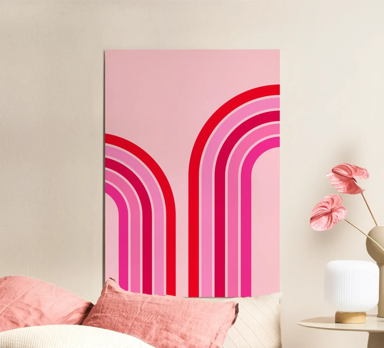 Retro Regenboog Curve Abstract in Roze en Rode Tinten hahnemühle van The Art Club