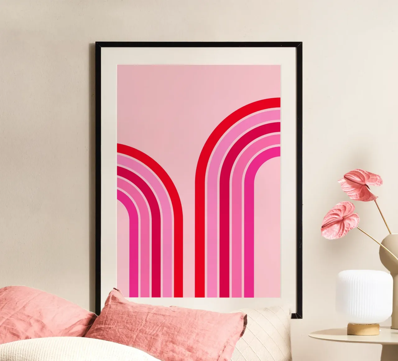 Retro Regenboog Curve Abstract in Roze en Rode Tinten hahnemühle van The Art Club