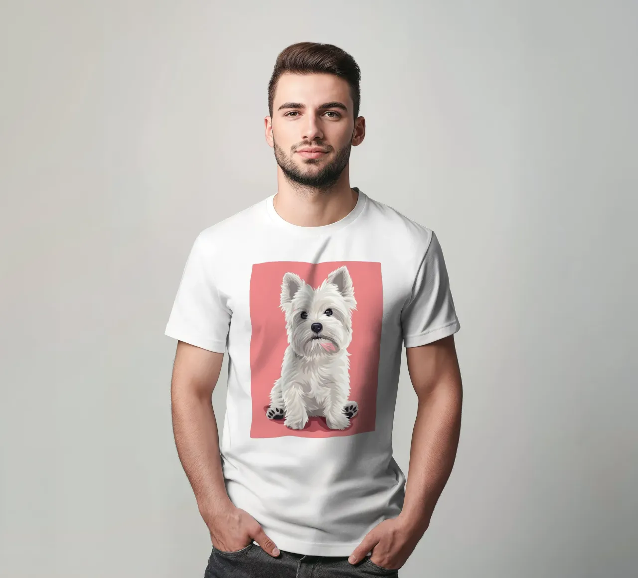 Chien blanc mignon à la fourrure duveteuse assis sur un tableau rose t-shirt de DesignDoodle